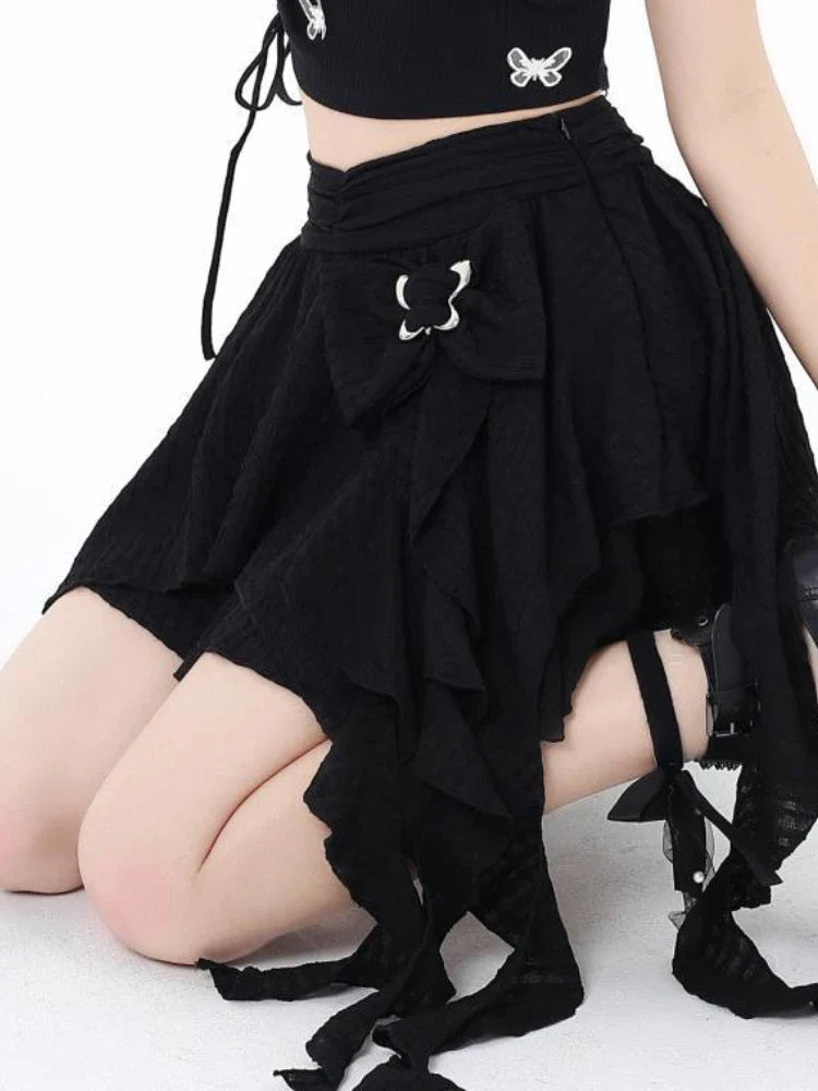 Voguable Harajuku Skirt Chic A-line Korean Sweet Saia Bow Irregular Y2k Mini Skirts Ruffles Jupe Clothing