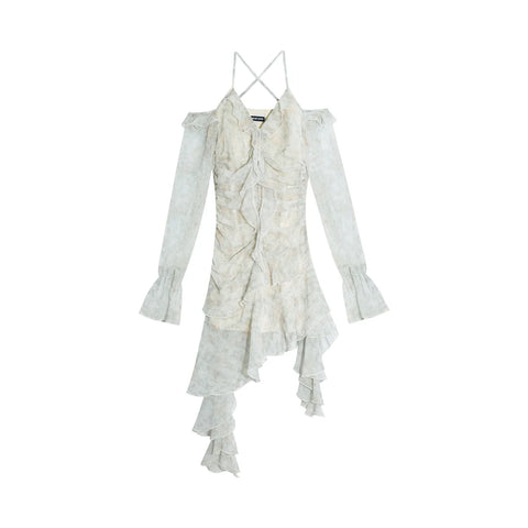 Voguable Y2K Ruffles Irregular Short Dress Tie Dye Flare Sleeves Elegant Party Dress Prom Robe Halter Vestidos