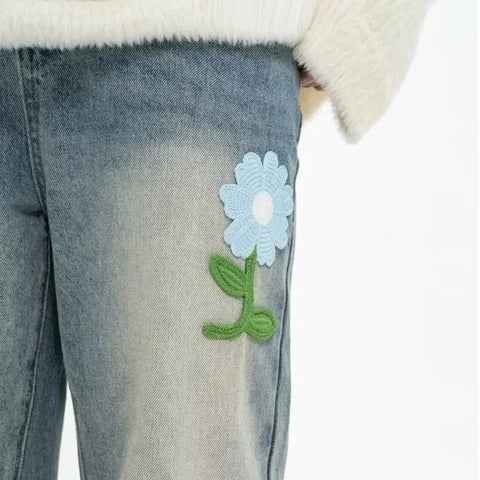 Y2K Vintage Flower Embroidered Jeans For High Street Baggy Straight Wide Leg Denim Pants Design Hip Hop Jean