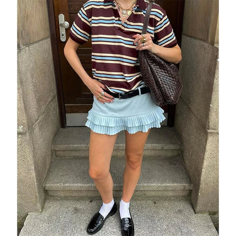 American Retro Contrasting Striped T Shirt Polo Collar Short Sleeve Preppy Vintage Tees Y2K Tops