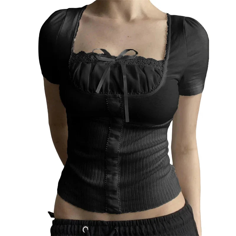 Fairycore Top y2k Coquette Clothes Lace Trim Square Collar Short Sleeve T Shirt 2000s Aesthetic Clothing