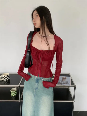 Voguable Burgundy Mesh Tops Long Sleeve Lace Up Square Collar T Shirt Crop Top Grunge Y2k  Chic Tops Streetwear