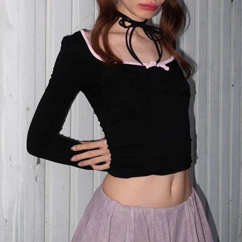 Voguable  Sweet Bow Contrast Patchwork Cropped Top Backless V-neck Slim-fit T-shirts Coquette Y2K Knitted Tees Women