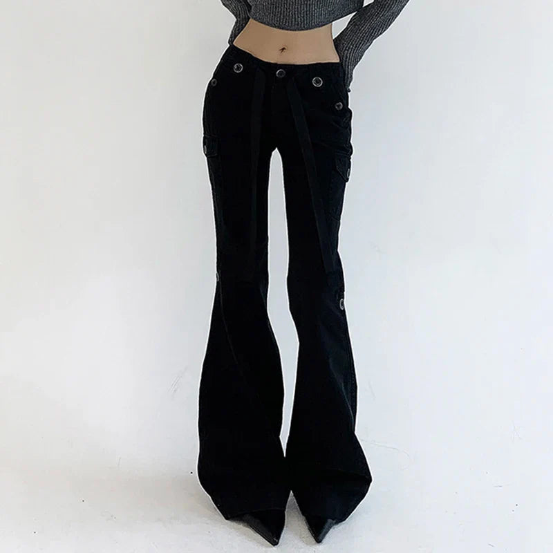 Voguable  Casual Basics Flare Jeans Brown Black All-match Street Style Boot Cut Denim Pants High Waist Vintage Trousers Y2K