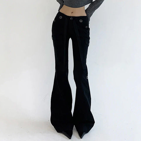 Voguable  Casual Basics Flare Jeans Brown Black All-match Street Style Boot Cut Denim Pants High Waist Vintage Trousers Y2K