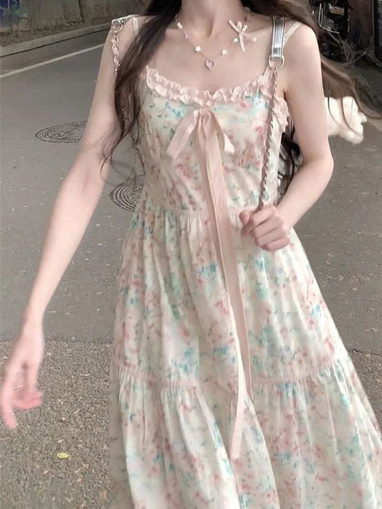 Japanese Kawaii Y2k Midi Dress Casual Sweet Bow Splicing Flower Print Dress Korean Evening Party