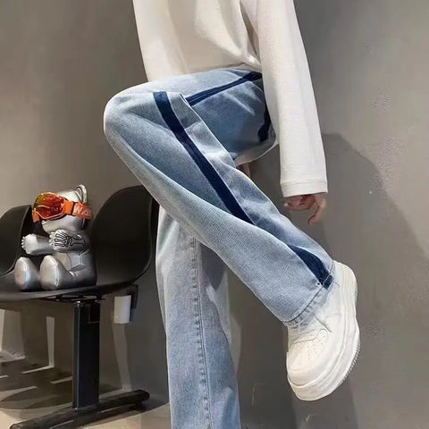 Voguable  Man Cowboy Pants Straight Vintage Jeans Patchwork Trousers Wide Leg with Pockets Original Casual Japanese Street Style Y2k