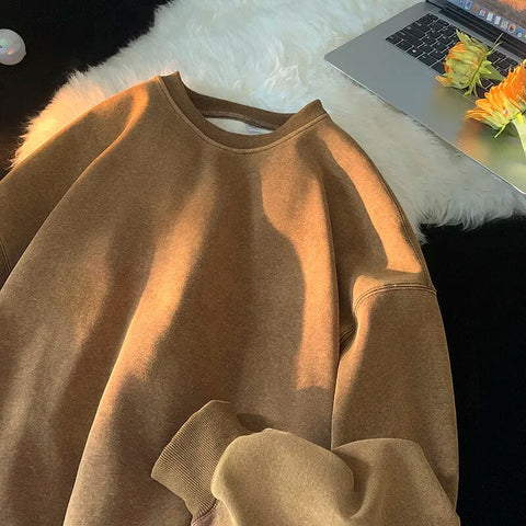 American Washed Old Pullovers Sweatshirts Loose Solid Color Large Size Warm O Neck Tops Hip Hop Y2k Sweatshirt