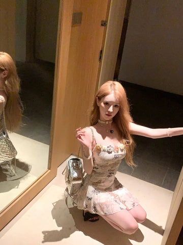 Voguable Sweet Floral Party Mini Dress Korean Printing Floral Y2k Dress FeSlim Chic Strap Beach Designer Dress