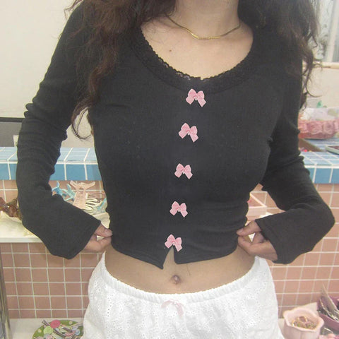 Voguable  Kawaii Multi Bow Single-breasted Knitted Top Solid Japanese Lolita Style Cropped Tops Sweet Barbiecore T-shirt y2k Tees