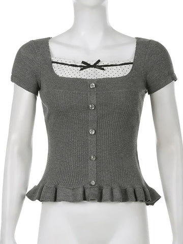 Voguable  Ribbons Bow Contrast Patchwork T-shirt Y2K Aesthetic Button Up Frill Casual Basic Crop Top Kawaii Lolita Tops Cute Tees