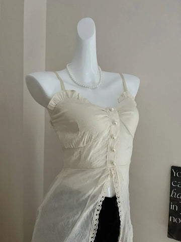 Voguable 2000s Vintage Y2k Clothing Korean 2 Piece Skirts Sets Casual Y2k Crop Top Blouse + Strap Mini Dress Japanese Beach Party