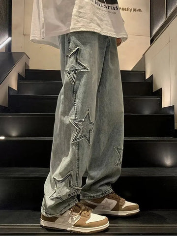 Voguable  Y2K Star Embroidery Casual Jeans Gothic Neutral Wide Leg Denim Trousers Loose Hip-hop Youth Streetwear