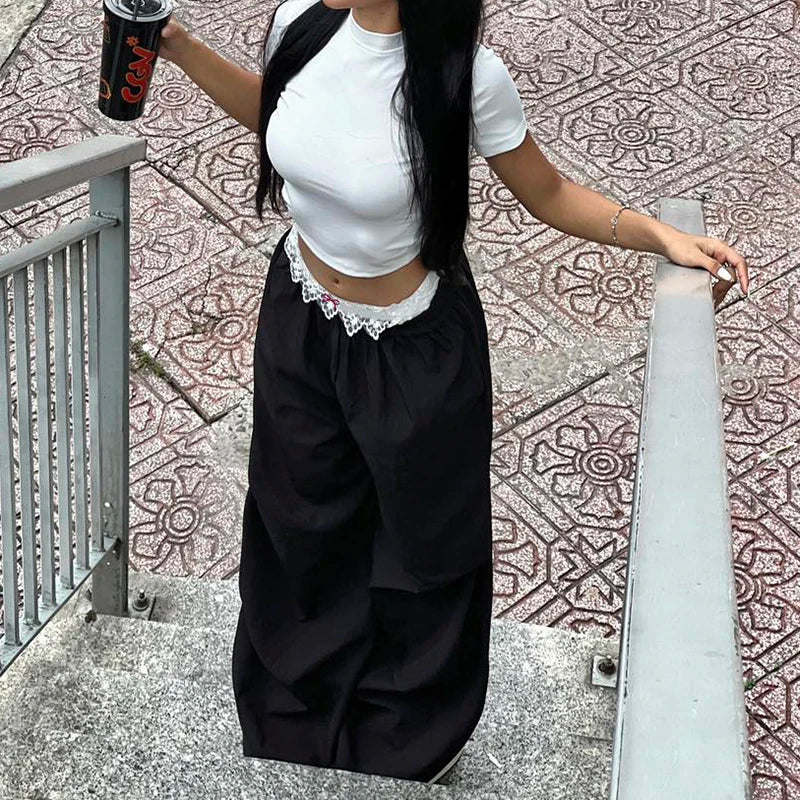 Contrast Lace Stitching Wide Leg Pants Streetwear y2k Low Rise Loose Black Trousers for Korean Baggy Capris