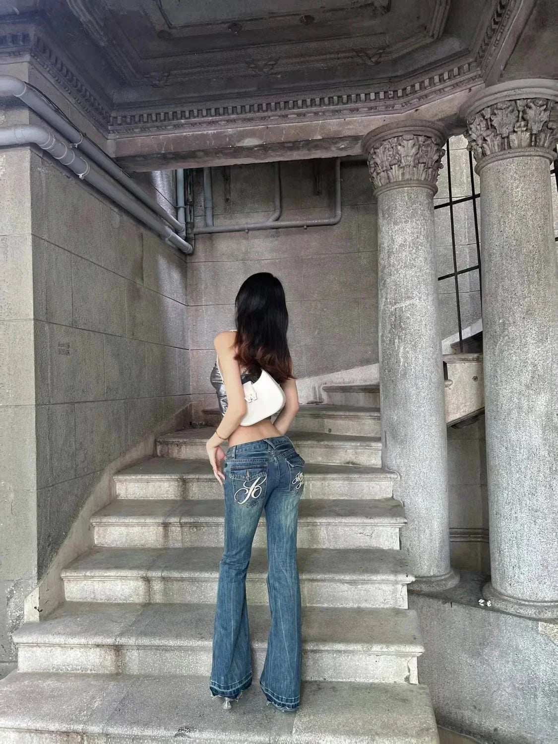 American High Street Spicy Girls Low Waist Jeans Vintage Y2k Design Sense Slim Fit Straight Tube Micro Flare Pants