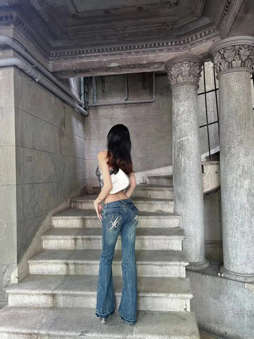 American High Street Spicy Girls Low Waist Jeans Vintage Y2k Design Sense Slim Fit Straight Tube Micro Flare Pants
