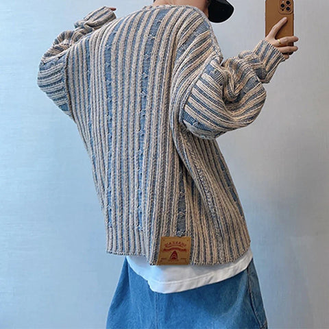 Voguable  Fashionable Striped Knitting Sweaters Streetwear Y2K Loose O Neck Long Sleeve Knit T-shirts Vintage Sweater Tops