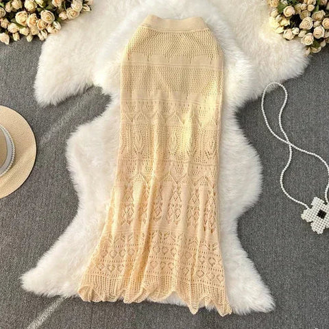 Voguable Boho Retro Holiday Long Skirts Y2k Crochet Hollow Out FeTrumpet Skirt Ladies Elegant Skirt