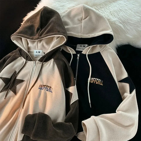 Voguable Y2K Harajuku Style Star Patch Zipper Hooded Streetwear Popular Casual Joker Sweatshirt Unisex Stitching Tops