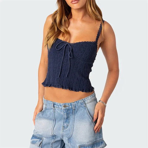 Lace Trim Tank Top Solid Color Spaghetti Strap Sleeveless Camisole with Bow y2k Aesthetic Clothes Clubwear