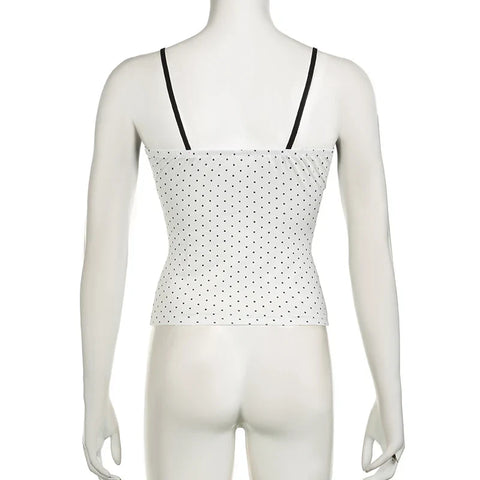 Voguable  Y2K Polka Dot Crop Top Buttons Contrast Lace Patchwork V-neck Camisole Coquette Casual Basic Tank Tops All-match