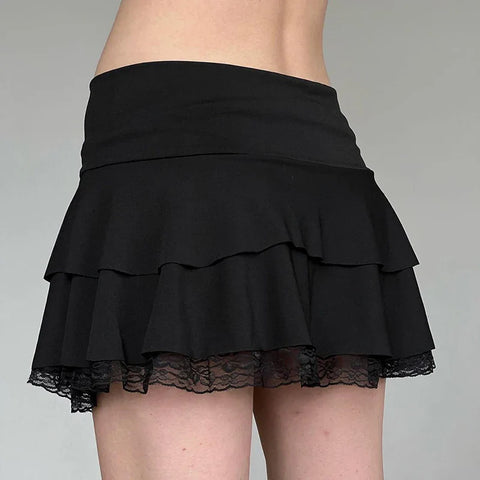 Voguable  Dark Academia Lace A-line Mini Skirt Black Low Waisted Bow Stitching Short Skirts Y2K Gothic Cute Bottoms Streetwear