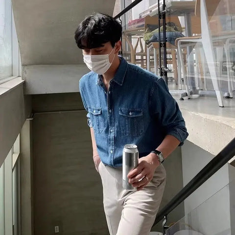 Harajuku Casual Wash To Do Old Denim Shirt Y2k Korean Version Loose High-Grade Long-Sleeved Cargo Shirt Trend