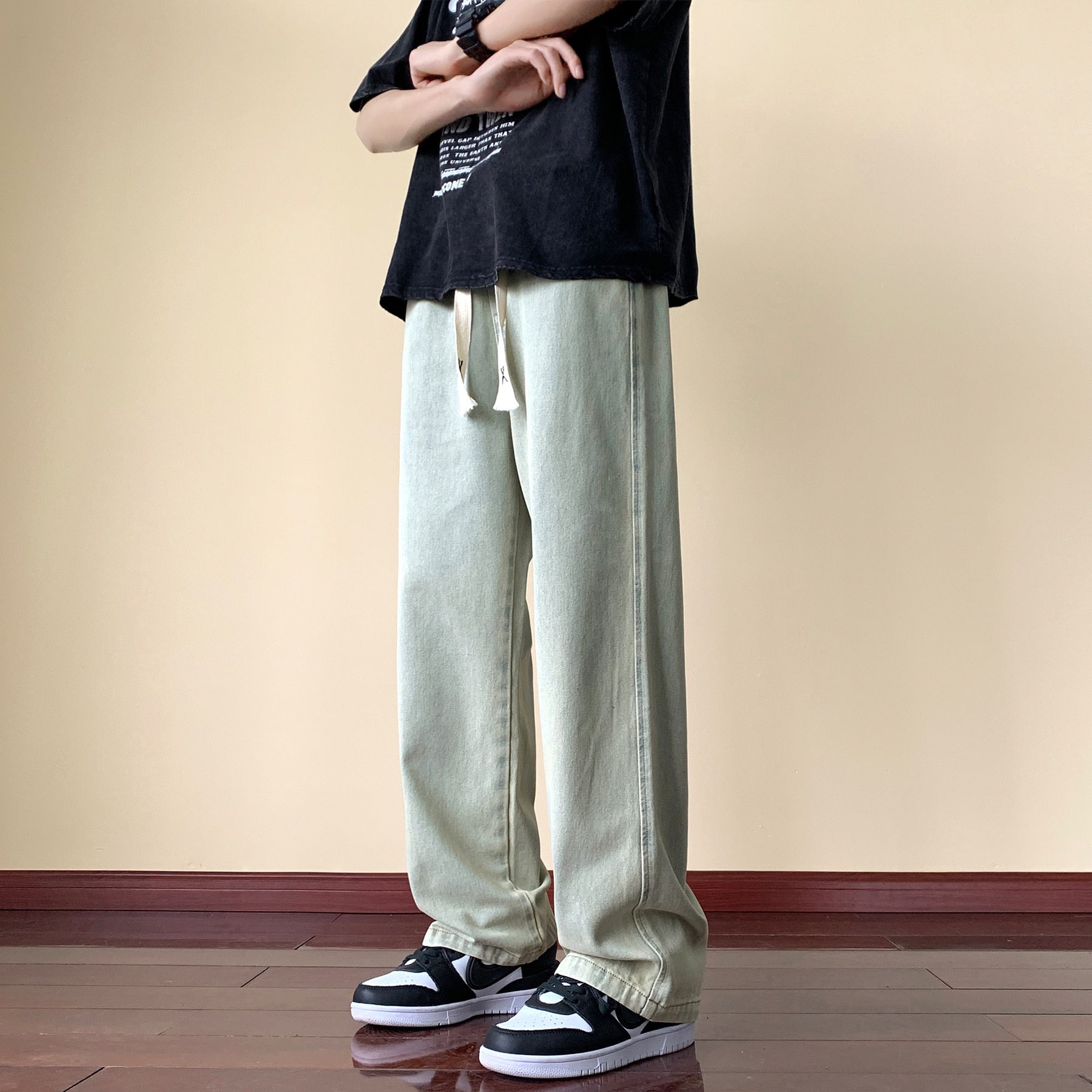 Japanese Style Trend Y2k Baggy Straight Jeans Wide Leg Solid Color Casual Denim Pants High Street Trousers