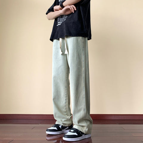 Japanese Style Trend Y2k Baggy Straight Jeans Wide Leg Solid Color Casual Denim Pants High Street Trousers
