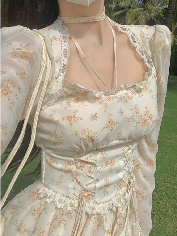 Voguable Elegant Y2K Midi Dress Casual Lace One Piece Dress Korean Sweet Vintage Floral Dress Party Long Sleeve
