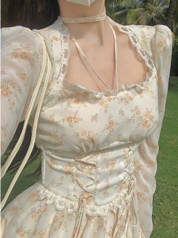 Voguable Elegant Y2K Midi Dress Casual Lace One Piece Dress Korean Sweet Vintage Floral Dress Party Long Sleeve