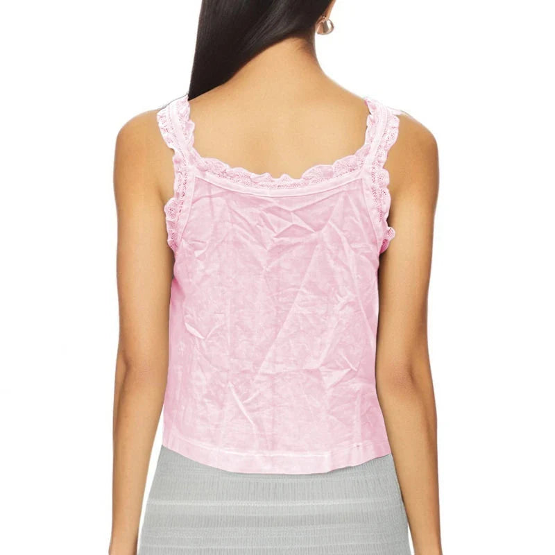 Y2k Lace Ruffle Trim Tank Top Fairycore Sheer Button Front Scoop Neck Camisole Cute Going Out Crop Tops Boho Vest