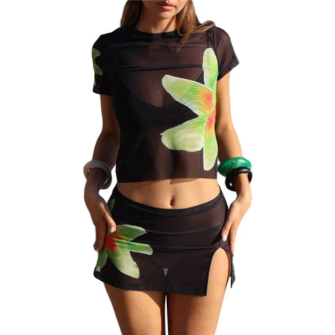 y2k Outfits 2 Piece Set Floral Print Short Sleeve Tank Top and Short Skirt 2000s Aesthetic Clothing Streetwear