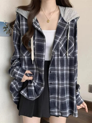 Vintage Plaid Hooded Shirt Oversize Long Sleeve Y2K Blouse American Casual Harajuku FeVintage Tops New