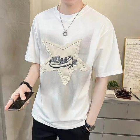 Y2K Vintage Star Printing T Shirt Bf 100% Cotton Loose Streetwear Casual Tops Harajuku Hip Hop T Shirt