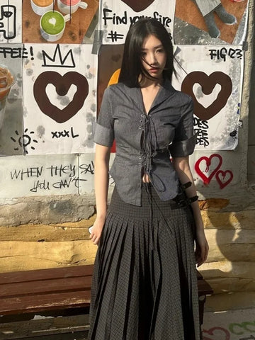 Vintage Coquette Blouses Korean Style Punk Streetwear Striped Print Bandage Hollow Out Slim Shirts Y2k