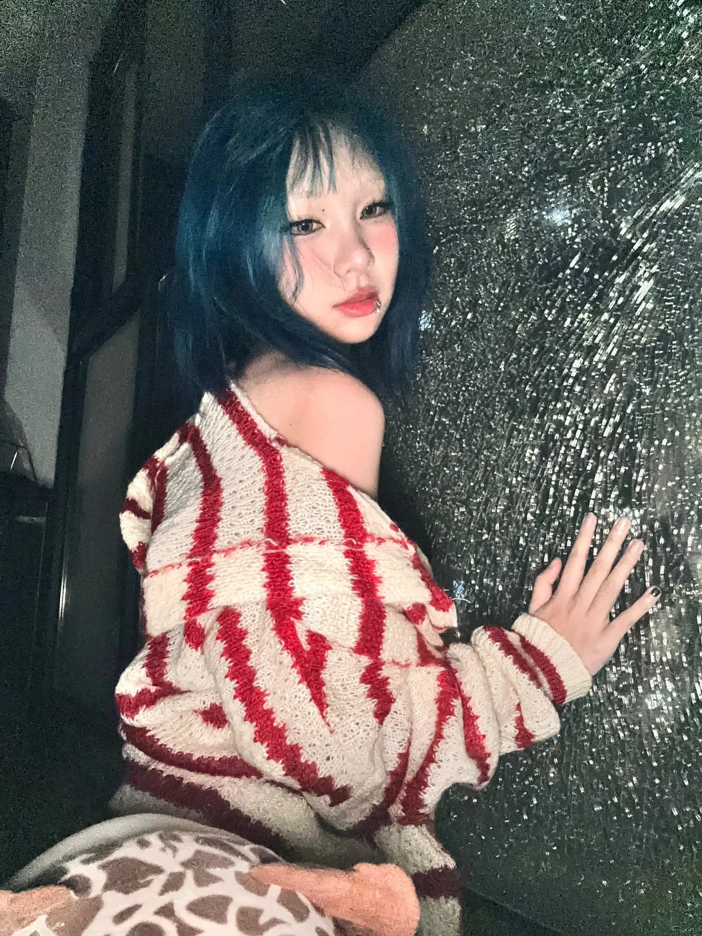 Japanese Y2k Hooded Cardigan 2000s Aesthetics Rabbit Ears Zipper Knitwear Vintage Harajuku Red Stripe Sweater Grunge