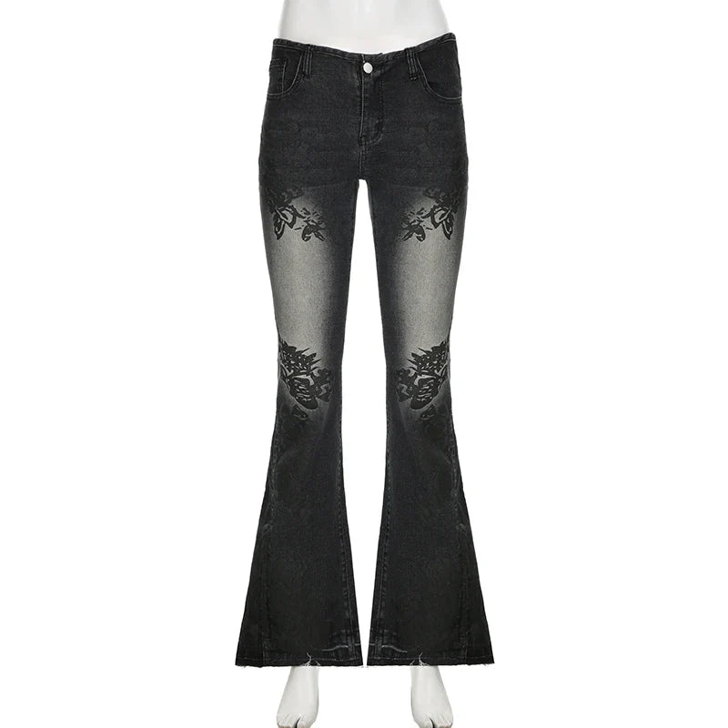 Voguable Streetwear y2k Flare Jeans Distressed 2000s Floral Print Low Rise Slim Denim Pants Korean Trousers Retro Mom Jeans