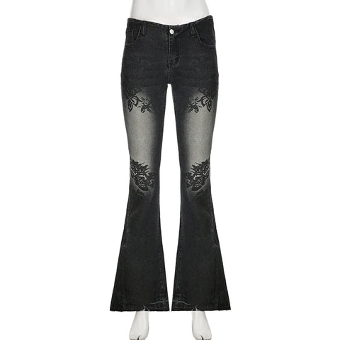 Voguable Streetwear y2k Flare Jeans Distressed 2000s Floral Print Low Rise Slim Denim Pants Korean Trousers Retro Mom Jeans