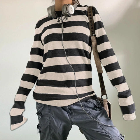 y2k Aesthetic T Shirt  Grey Striped Long Sleeve Tops Gothic E Girl Punk Dark Academia Clothes Streetwear