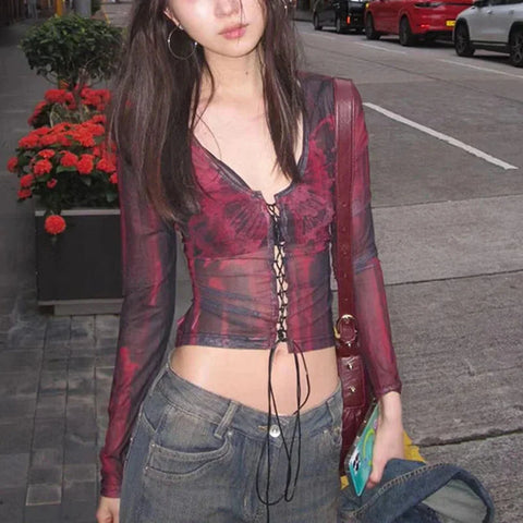 Grunge Crop Tops y2k Clothes Tie Dye Print Tie Front V Neck Long Sleeve Mesh T Shirts 2000s Clothing Streetwear