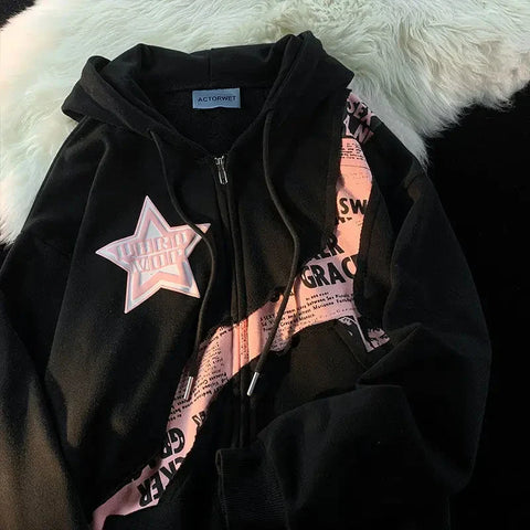 Harajuku Vintage Zip Up Hoodies Y2K Hip Hop Letter Print Sweatshirts Gothic Streetwear Loose Patchwork Tops Hip Hop Coats