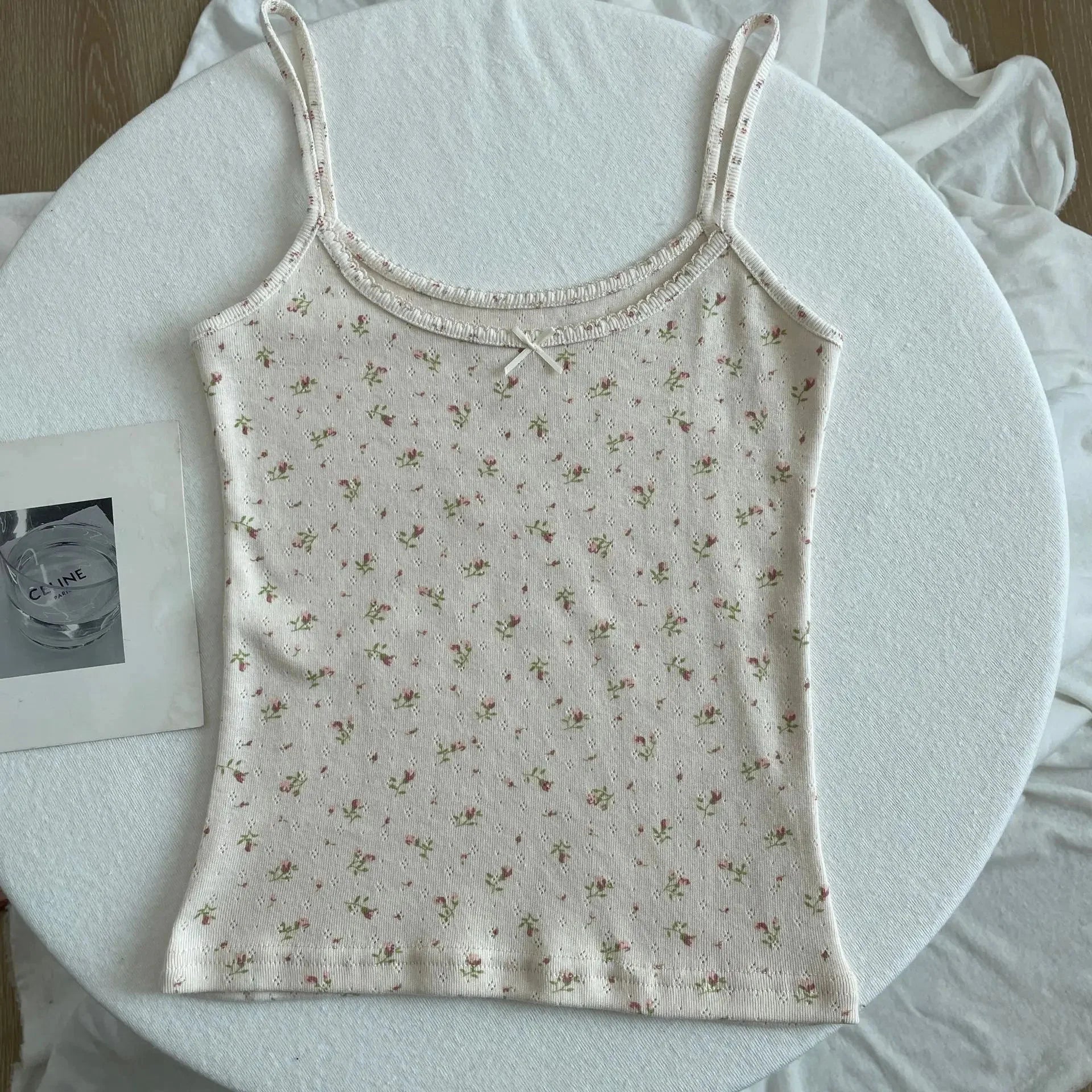 Floral Eyelet Bow Cotton Crop Tops Lace Trim Sleeveless Slim Tank Top Preppy Style Sweet Camisole Y2k Clothes