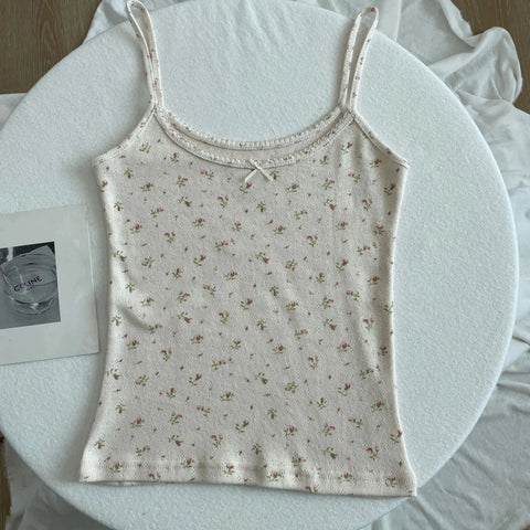 Floral Eyelet Bow Cotton Crop Tops Lace Trim Sleeveless Slim Tank Top Preppy Style Sweet Camisole Y2k Clothes
