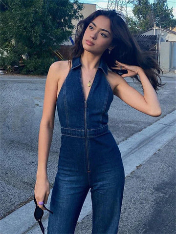 Y2k Denim Jumpsuit V-Neck Sleeveless Slim Bodycon Jumpsuits Overalls Streetwear One Piece Outfits Jeans