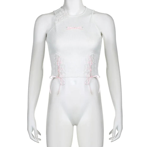 Voguable  Sweet Lace Stitching Hollow Out Tank Top Cute Bow Bandage Sleeveless Crop Tops Y2K Casual Basic Vest Lolita Camis