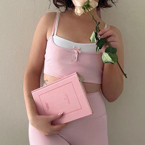 Voguable  Sweet Patchwork Camis Bow Buttons Up Sleeveless Crop Tops Y2K Aesthetic Casual Basic Vest Fitness Sports Tanks