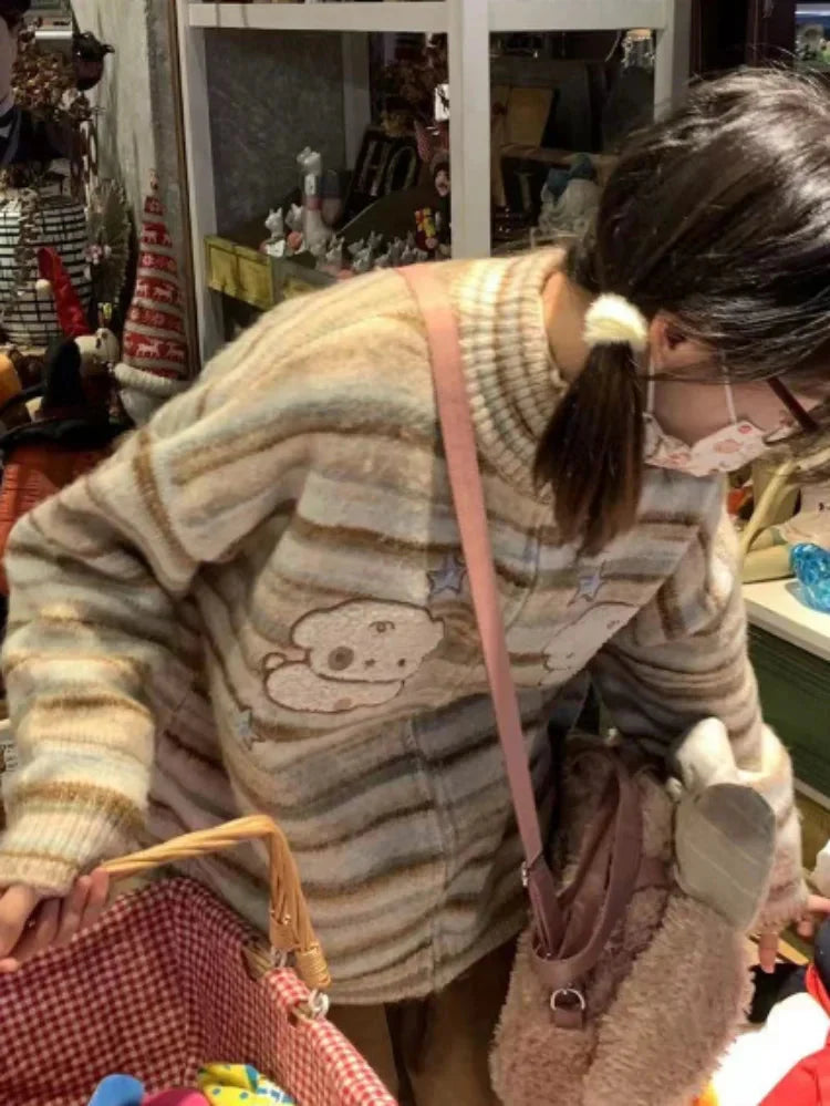 Y2k Aesthetic Japanese Knit Cardigan Kawaii Dog Embroidery Harajuku  Femme Striped Preppy Zipper y Womens
