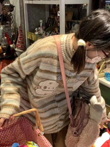 Y2k Aesthetic Japanese Knit Cardigan Kawaii Dog Embroidery Harajuku  Femme Striped Preppy Zipper y Womens