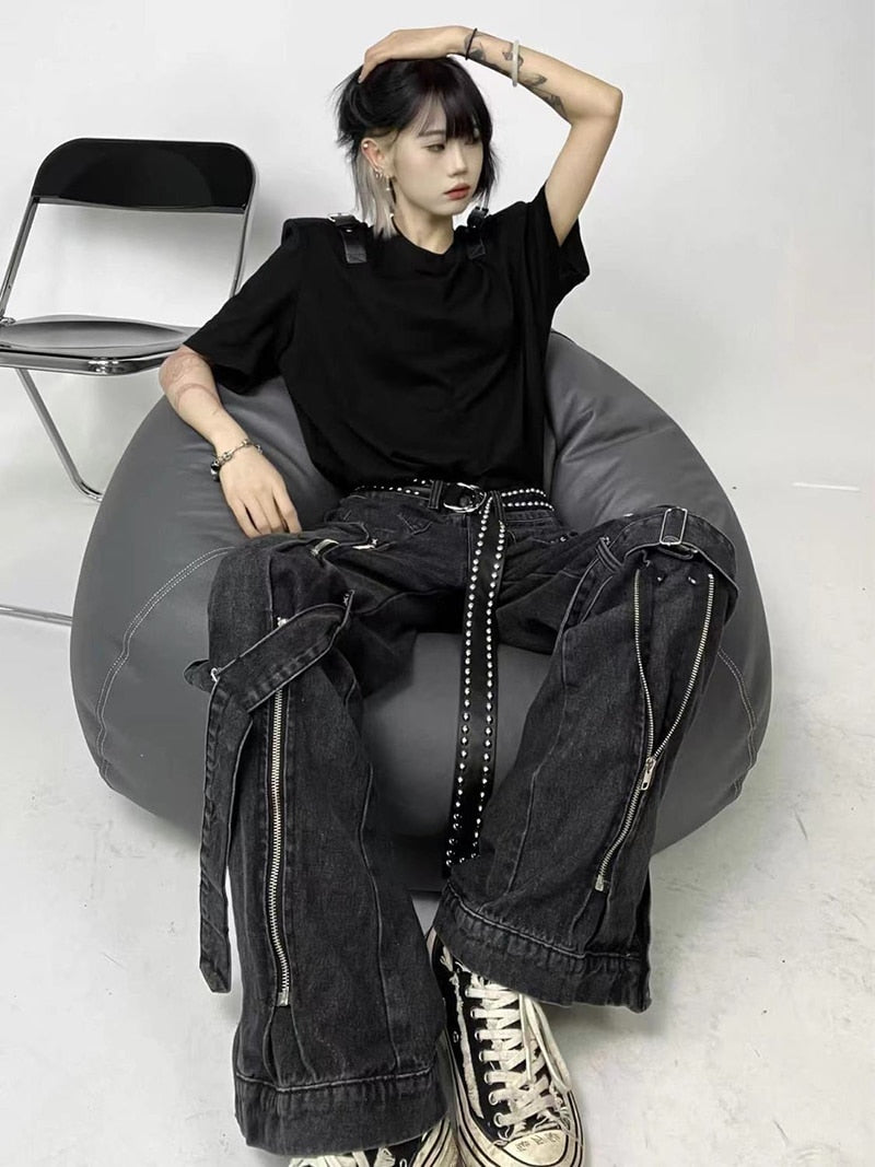 ReddaChic Acubi Pants Black Baggy Jeans with Zipper Slit 2-Strip Cyberpunk Y2k Grunge Goth Trousers Emo Streetwear